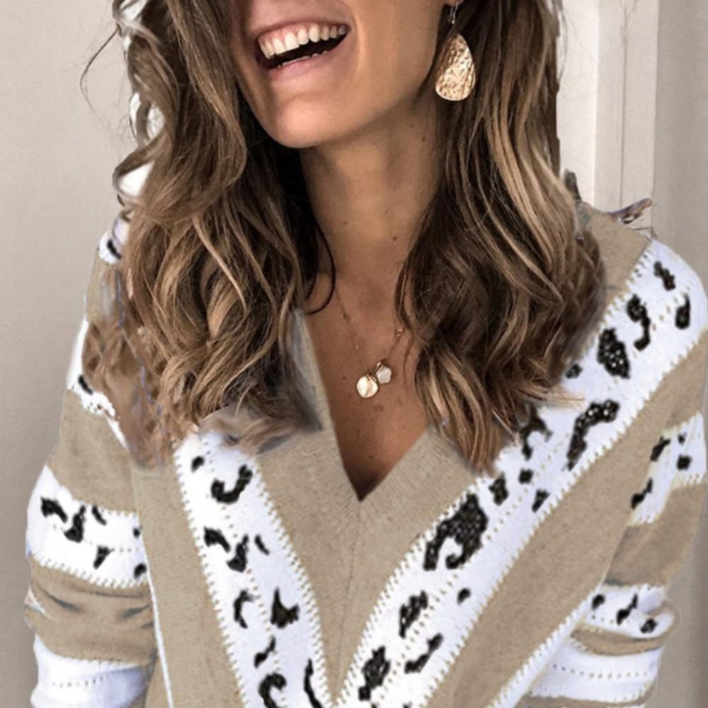 Animal print accent v neck sweater